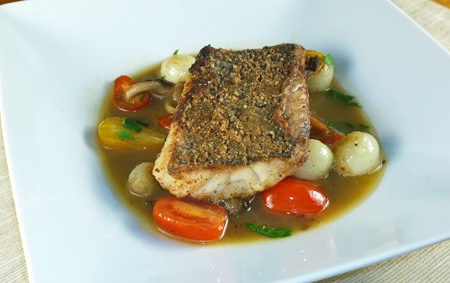 black sea bass crusted with nuts and spices