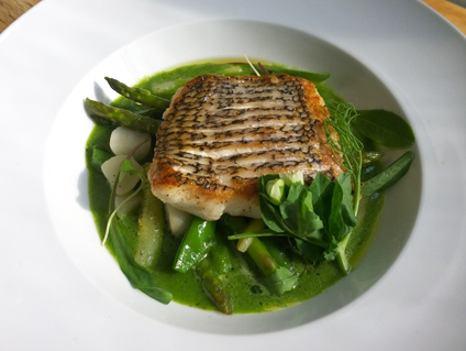 pan seared black sea bass with pea and asparagus sauce