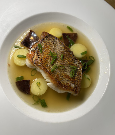 crispy black sea-bass with dashi-broth