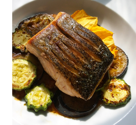 seared salmon with eggplant, zucchini, and roasted heirloom tomatoes