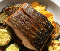 seared salmon with eggplant and zucchini