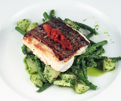 Wild Striped Bass with Pesto and Roasted Tomatoes