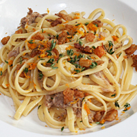 Pasta di Gragnano with Duck Confit, Meyer Lemon Zest, Roasted Garlic, Thyme and Duck cracklings