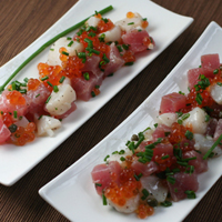 tuna and scallop sashimi with salmon roe and capers