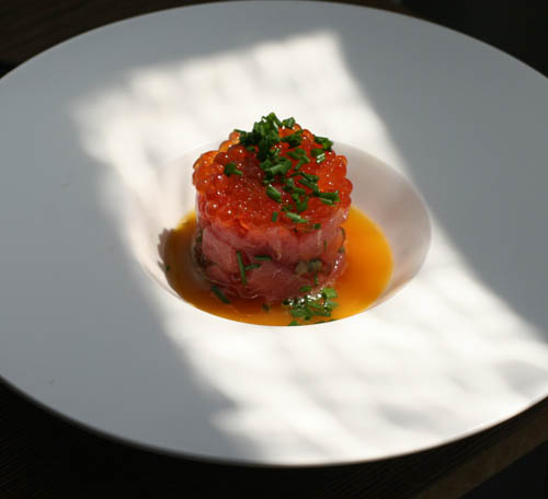 tuna tartare egg yolk sauce salmon roe 