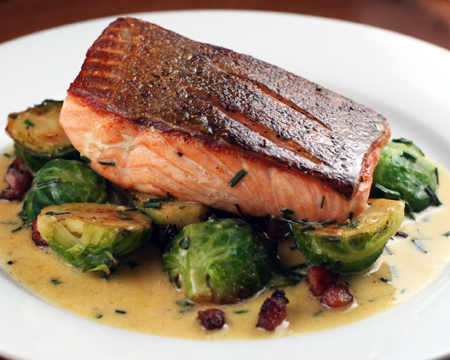 seared salmon with brussel sprouts mustard sauce