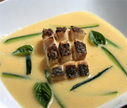 wild striped bass with corn soup and basil