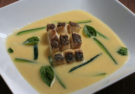 corn soup with wild striped bass