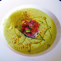 avocado and cucumber soup with tuna timbale
